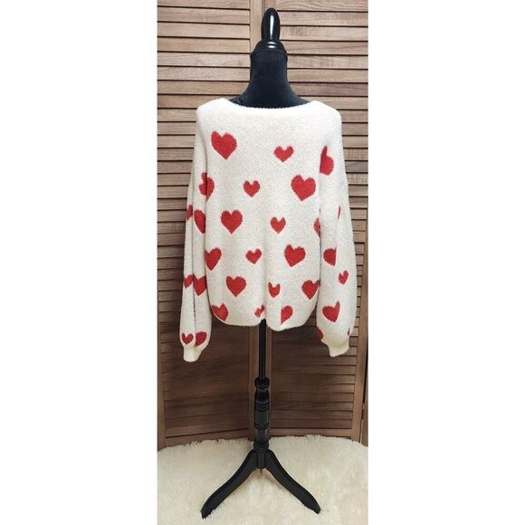 Fuzzy Heart Dropped Shoulder XL Sweatshirt Super Soft Long-Sleeve White & Red - Picture 3 of 7